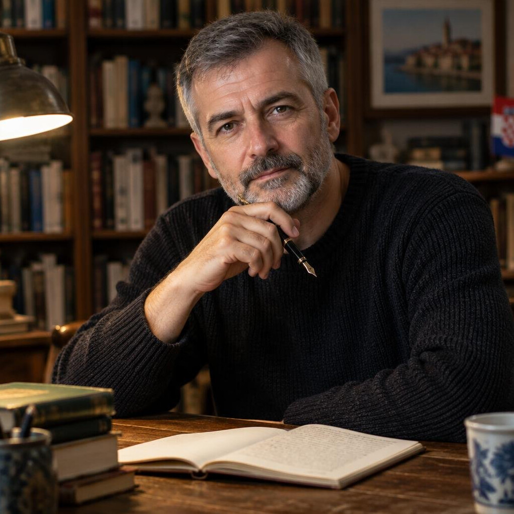Middle-aged Croatian man writer sitting at a wooden desk with a pen