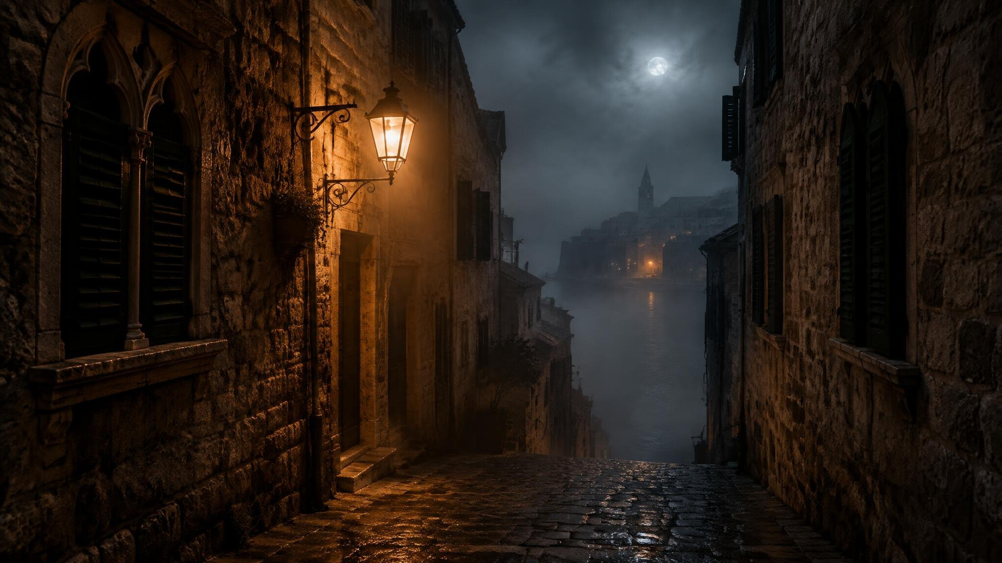 Foggy cobblestone street in an old European town at night with a single lit lamp