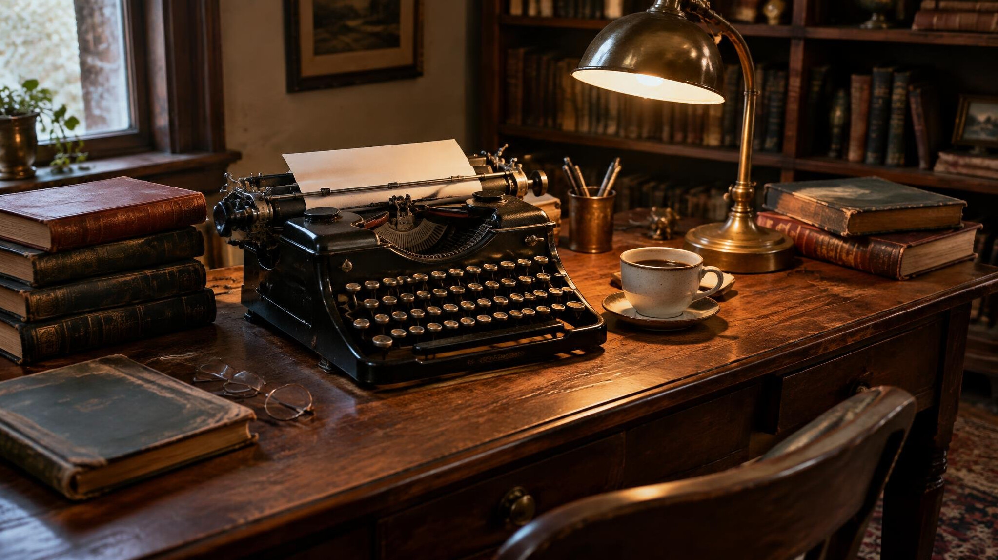 Old wooden writing desk with a typewriter, books and a cup of coffee